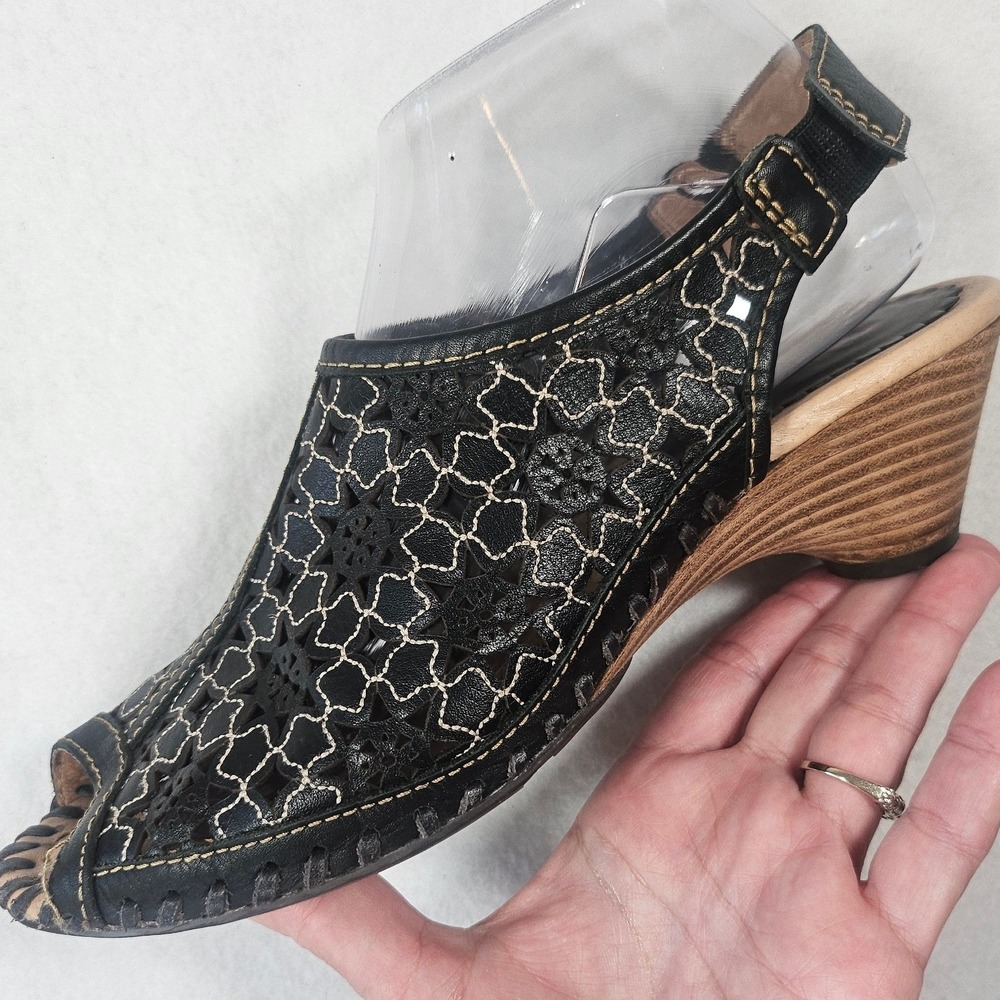 Pikolinos Black Leather Laser Cut Floral Wedge Sandals Peep Toe Boho size 38 - Picture 8 of 16